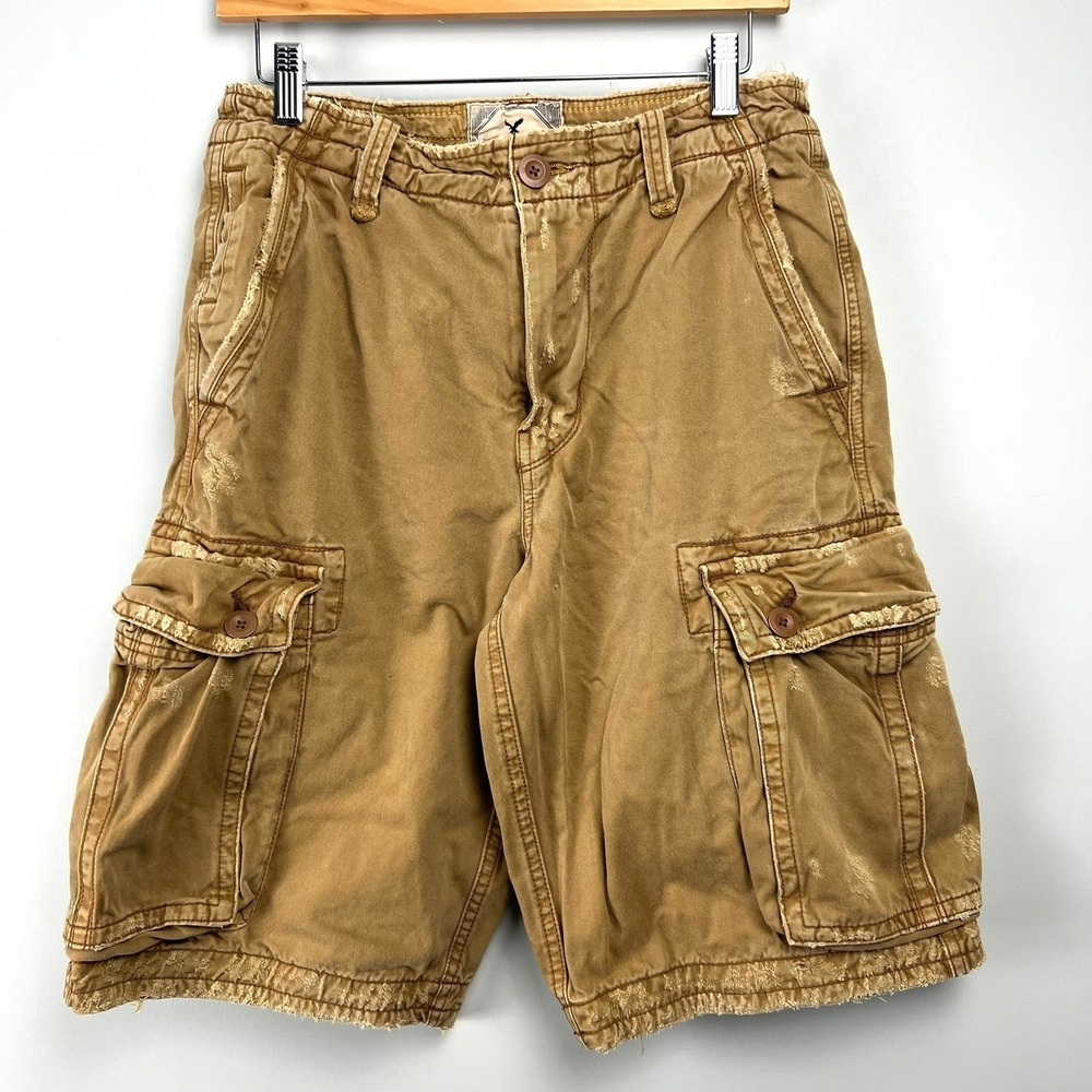 American Eagle Outfitters Mens Khaki Cargo Shorts Longer Length Distressed Sz 26